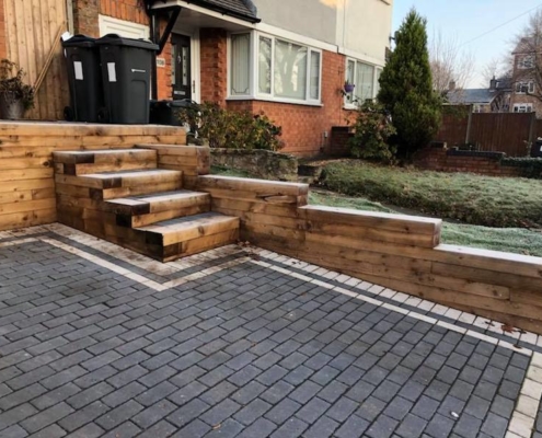 block paving with timber wall and stairs installed in Warwick
